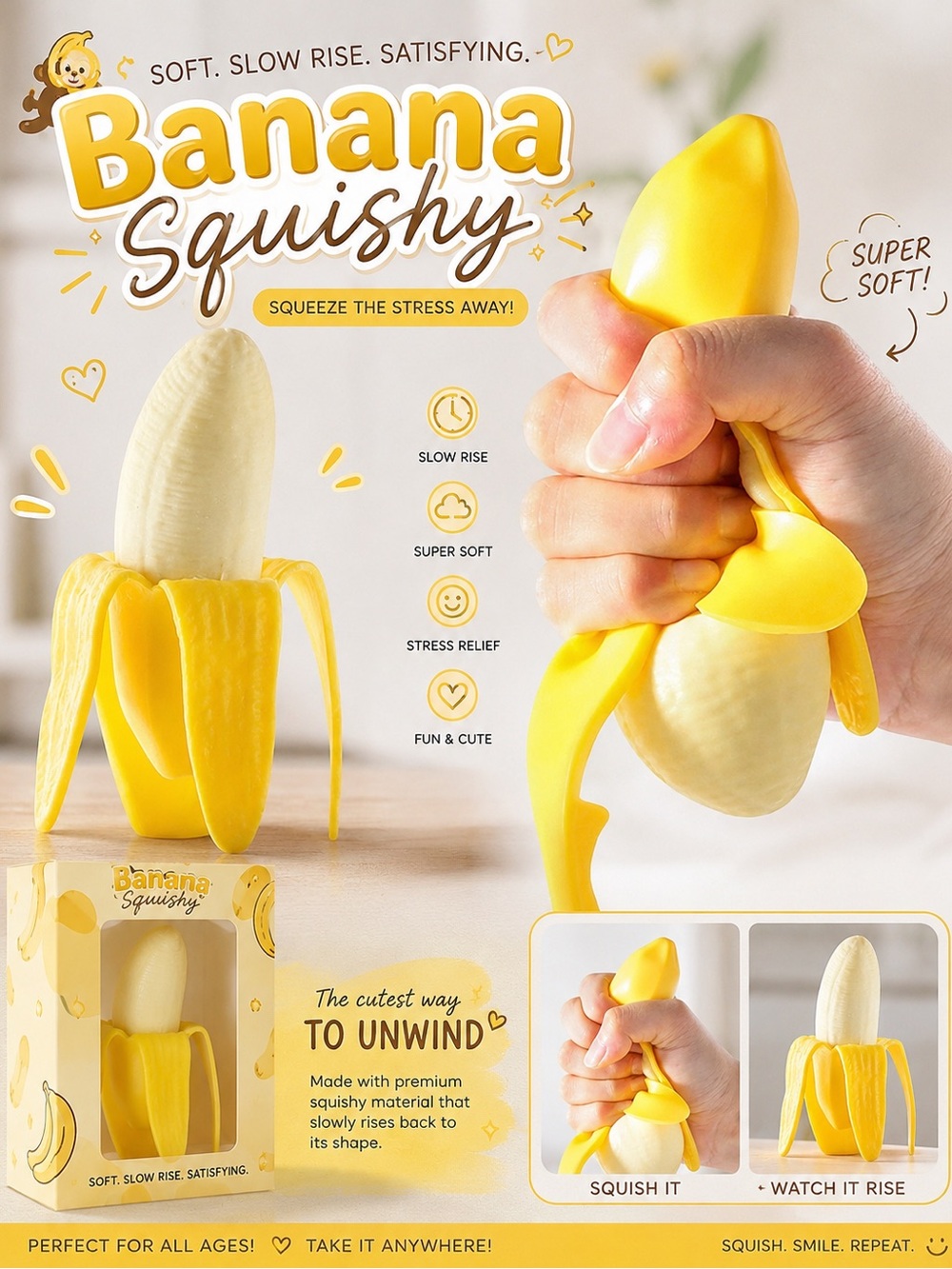 Banana Squishy Stress Toy - Yellow Banana Squeeze New in package - Picture 2 of 2